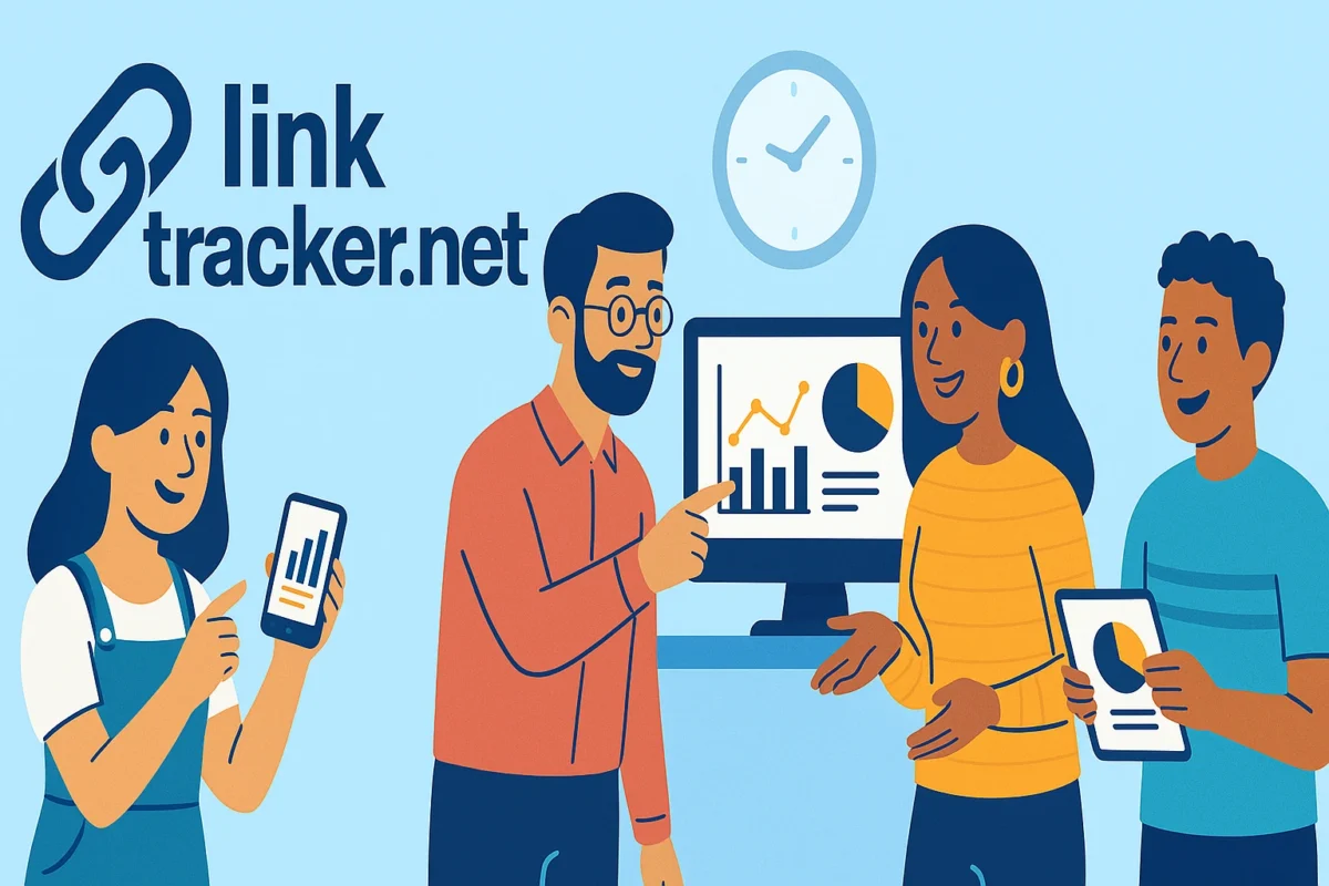 Linktracker.net header banner showing office team analysing SEO data and charts