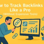 Illustration of how to track backlinks like a pro without expensive tools, showing a man with magnifying glass examining link icons on a computer screen with growth charts.